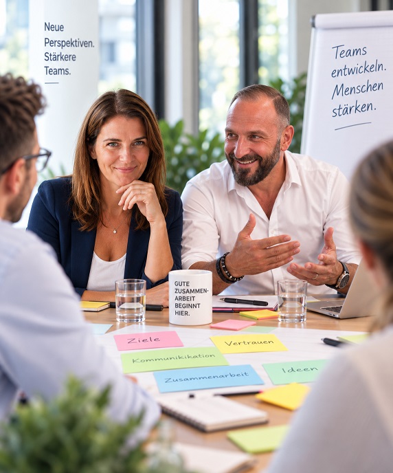 Maja und Tunç Gültekin bei einer Teamentwicklung und Gruppenarbeit mit einem Team